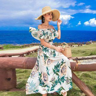 Off-shoulder Floral Printed Slit Maxi Sundress