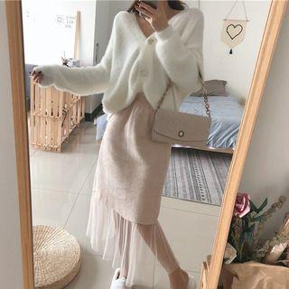 V-neck Cardigan / Long-sleeve T-shirt / Mesh Hem Straight Fit Midi Skirt