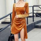 Long-sleeve Square-neck Gold Velvet Dress