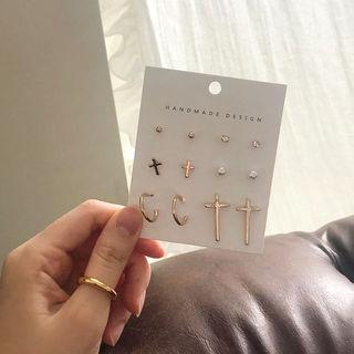 Cross/hoop/faux-pearl/rhinestone Ear Stud Set (12 Pcs) Gold - One Size