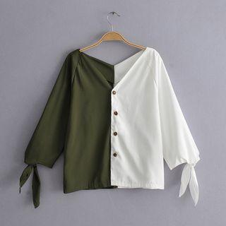 3/4-sleeve Color Block Buttoned Top