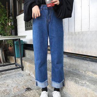 High Waist Fringed Straight-cut Jeans