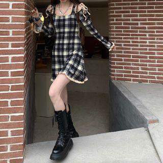 Long-sleeve Plaid Cold-shoulder Mini Dress