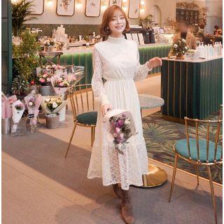 Mock-neck Long-sleeve Midi Lace Dress