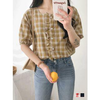 Square-neck Frill-trim Plaid Blouse