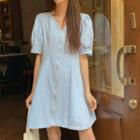 Puff-sleeve V-neck Zip Mini A-line Dress Blue - One Size