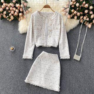 Set Of 2 : Round-neck Color Block Frayed Trim Cardigan + A-line Skirt