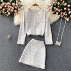 Set Of 2 : Round-neck Color Block Frayed Trim Cardigan + A-line Skirt