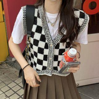 Color Block Lattice Knit Vest As Shown In Figure - One Size