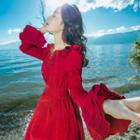 Flare-sleeve Corduroy A-line Dress