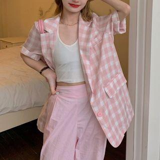 Elbow-sleeve Single-breasted Check Blazer
