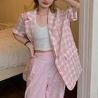 Elbow-sleeve Single-breasted Check Blazer