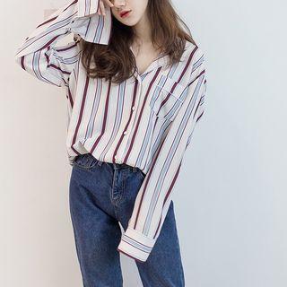 Long-sleeve Striped Chiffon Blouse / Lace Under Shorts