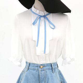 Elbow-sleeve Tie-neck Chiffon Blouse