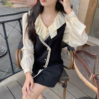 Long-sleeve Plain Shirt / Sleeveless V-neck Contrast Trim Mini Dress