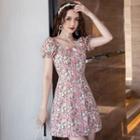 Short-sleeve Floral Ribbon Accent Mini A-line Dress