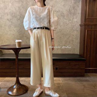 Round-neck Puff-sleeve Patchwork Blouse