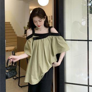 Short-sleeve Suspender Off-shoulder Color Block Asymmetrical Top
