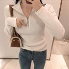 Long-sleeve Turtle-neck Half-zip Knit Top