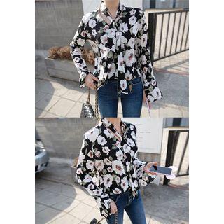 Tie-neck Floral Pattern Blouse