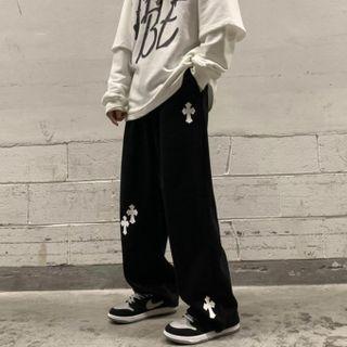 Cross Embroidered Fleece-lined Sweatpants