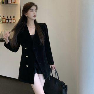 Long-sleeve Single-breasted Velvet Mini A-line Dress Black - One Size
