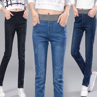 Elastic Waist Washed Straight Fit Jeans