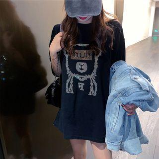 Glitter Bear Print Elbow-sleeve T-shirt Black - One Size