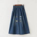 Embroidered Denim A-line Midi Skirt