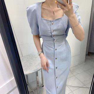Short-sleeve Square-neck Midi Shift Dress
