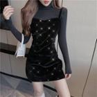 Turtleneck T-shirt / Spaghetti Strap Rhinestone Mini A-line Dress