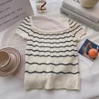 Short-sleeve Square-neck Knit Top Khaki - One Size