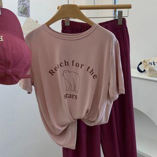 Short-sleeve Bear Print T-shirt Mauve Pink - One Size