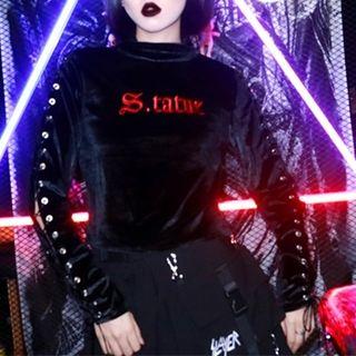 Long-sleeve Letter Velvet Top Black - One Size
