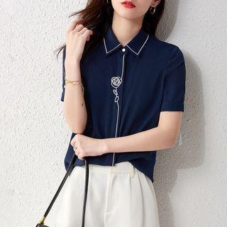 Short-sleeve Rose Embroidered Chiffon Shirt