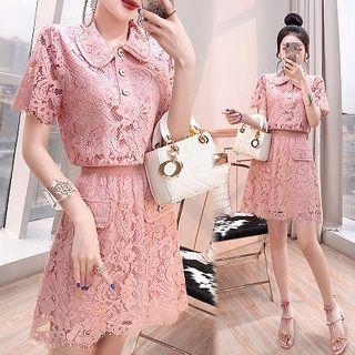 Set: Short-sleeve Lace Polo Shirt + A-line Mini Skirt