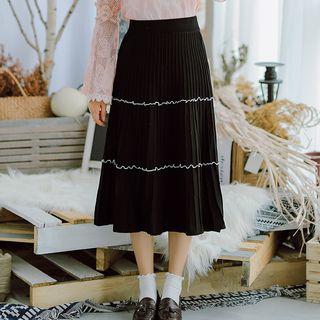 Contrast-trim Midi A-line Pleated Skirt