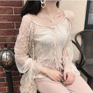 Set: Plain Camisole Top + V-neck Long-sleeve Lace Top
