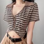 Short-sleeve Striped Asymmetrical Cropped T-shirt