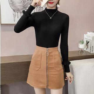 Ruffle Trim Mock Neck Long Sleeve Knit Top