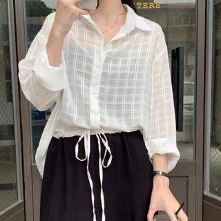 Long-sleeve Plaid Side-slit Light Shirt