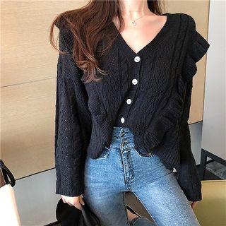 Frill Trim Cardigan / Faux Leather A-line Mini Skirt