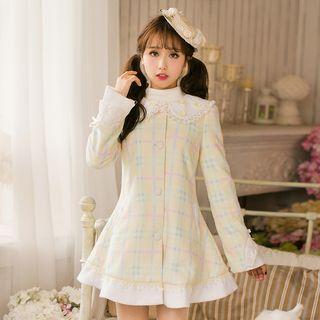 Plaid Lace Trim Woolen Coatdress