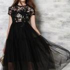 Short-sleeve Lace Panel Midi Prom Dress