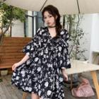 Bell Sleeve Flower Print V-neck A-line Dress