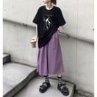 Elbow-sleeve Cartoon Print T-shirt / A-line Midi Skirt