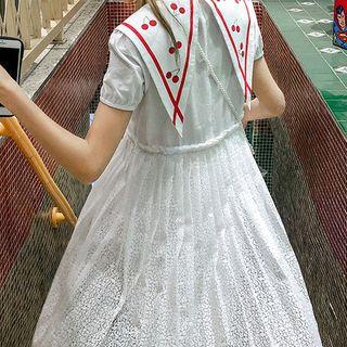 Cherry Embroidered Sailor-collar Pleated Dress