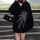 Long Sleeve Spider Net Rhinestone Hooded Jacket