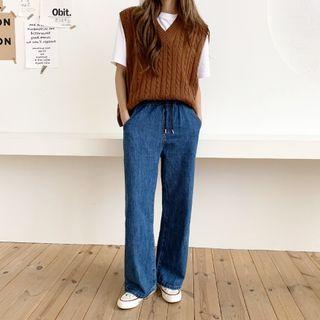 Drawstring-waist Straight-cut Jeans Dark Blue - One Size