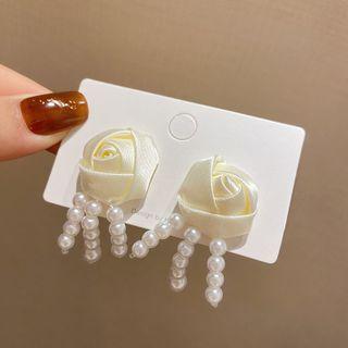 Rose Fabric Faux Pearl Fringed Earring E4621 - 1 Pr - White - One Size